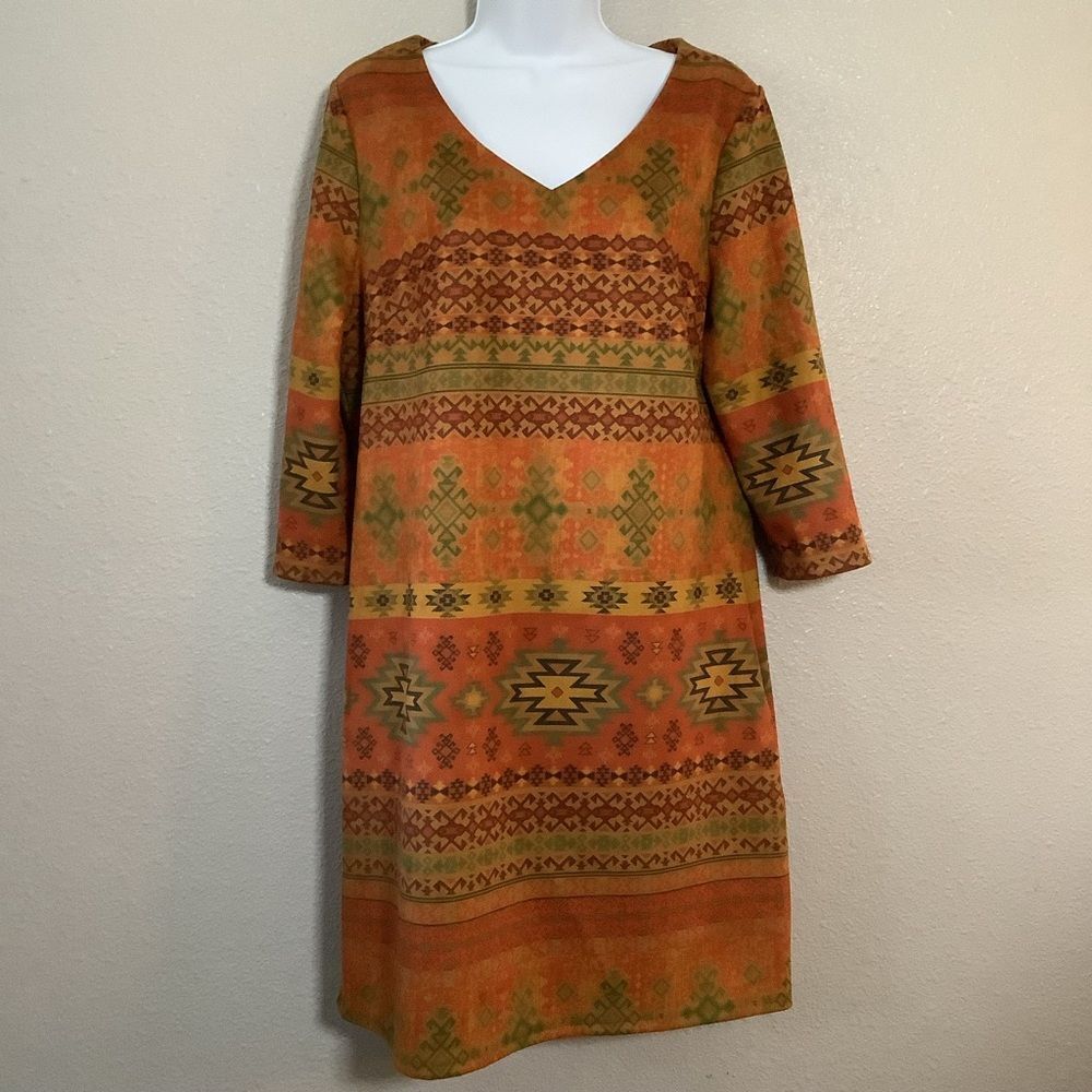 Aztec Southwestern Geometric Western Cowgirl Faux Suede‎ Dress L Bohemian Hippie